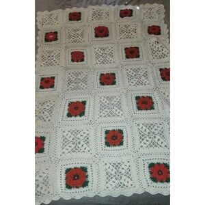 Vtg Granny Square Afghan Throw Blanket Crochet 3D Flower  Cottagecore 66"X49"